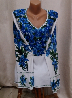Ручна вишивка - блузка бісер домоткане полотно сині квіти